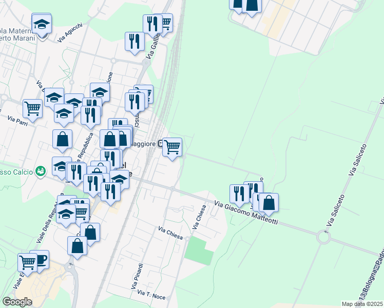 map of restaurants, bars, coffee shops, grocery stores, and more near 1 Piazza Lorusso in Città Metropolitana di Bologna