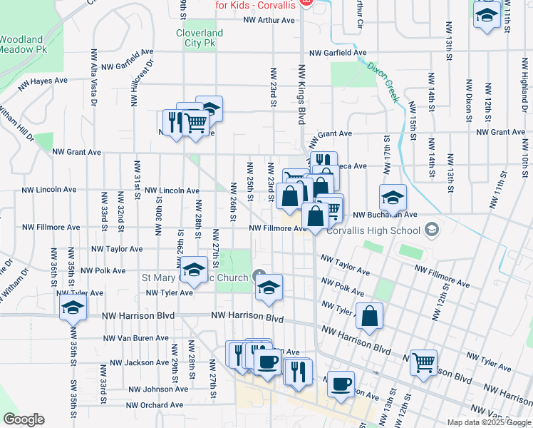 map of restaurants, bars, coffee shops, grocery stores, and more near 2 Northwest Fillmore Avenue in Corvallis