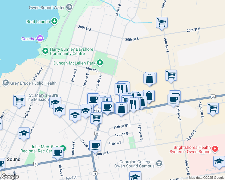 map of restaurants, bars, coffee shops, grocery stores, and more near 960 17th Street East in Owen Sound