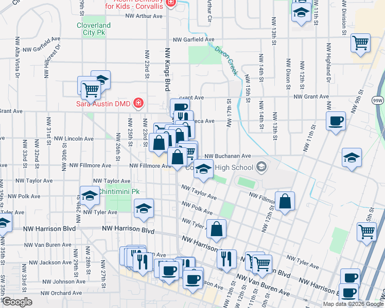 map of restaurants, bars, coffee shops, grocery stores, and more near 777 Northwest Kings Boulevard in Corvallis