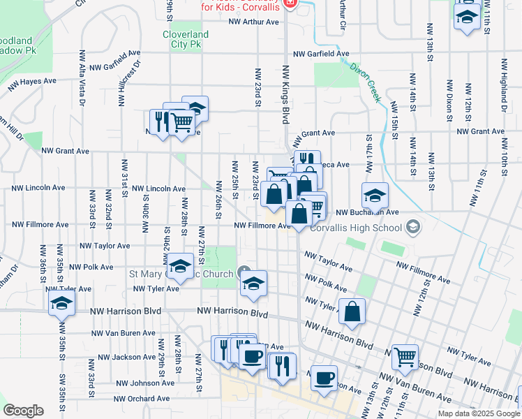 map of restaurants, bars, coffee shops, grocery stores, and more near 2 Northwest Fillmore Avenue in Corvallis