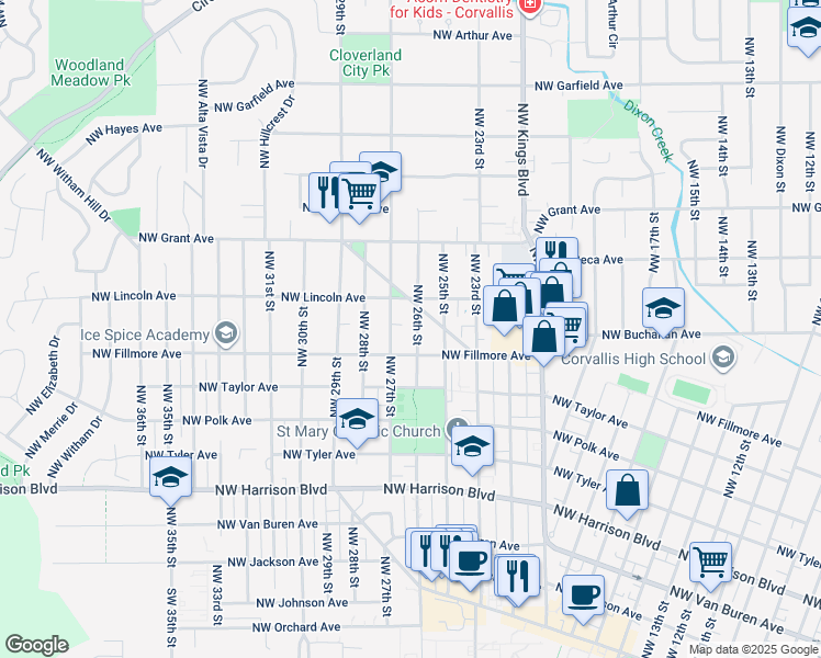 map of restaurants, bars, coffee shops, grocery stores, and more near 882 Northwest 26th Street in Corvallis