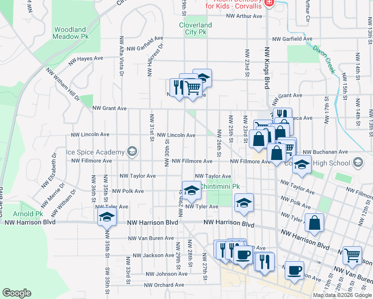 map of restaurants, bars, coffee shops, grocery stores, and more near 746 Northwest 29th Street in Corvallis