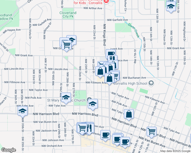 map of restaurants, bars, coffee shops, grocery stores, and more near 825 Northwest 23rd Street in Corvallis
