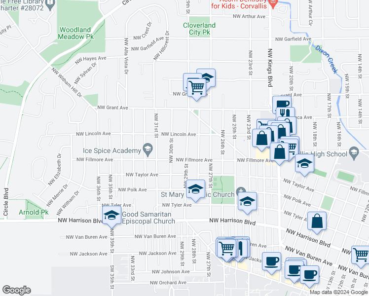 map of restaurants, bars, coffee shops, grocery stores, and more near 904 Northwest 29th Street in Corvallis
