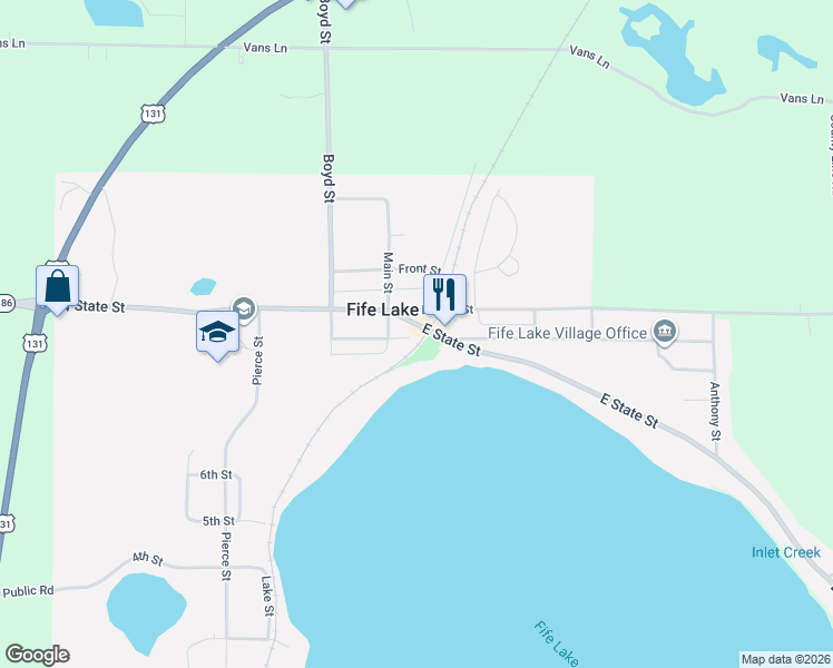 map of restaurants, bars, coffee shops, grocery stores, and more near in Fife Lake