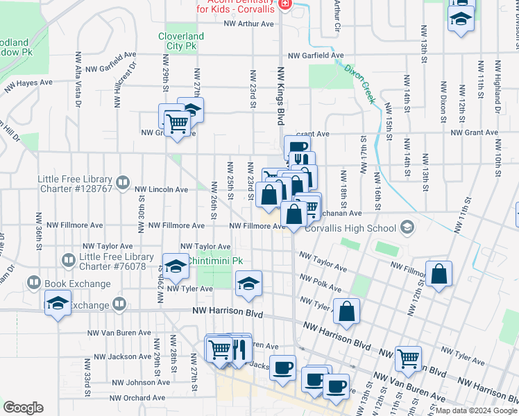 map of restaurants, bars, coffee shops, grocery stores, and more near 985 Northwest 23rd Street in Corvallis