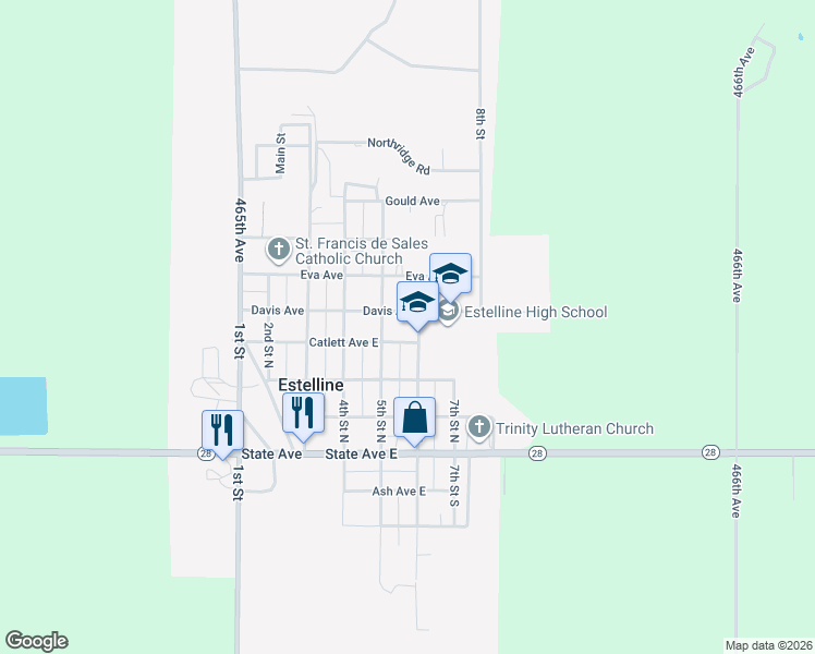map of restaurants, bars, coffee shops, grocery stores, and more near 501-1699 Davis Avenue East in Estelline