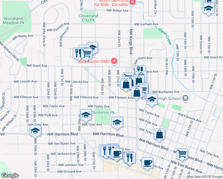 map of restaurants, bars, coffee shops, grocery stores, and more near 2451 Northwest Coolidge Way in Corvallis