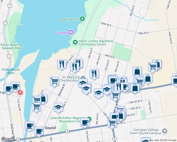 map of restaurants, bars, coffee shops, grocery stores, and more near 1663 5th Avenue East in Owen Sound