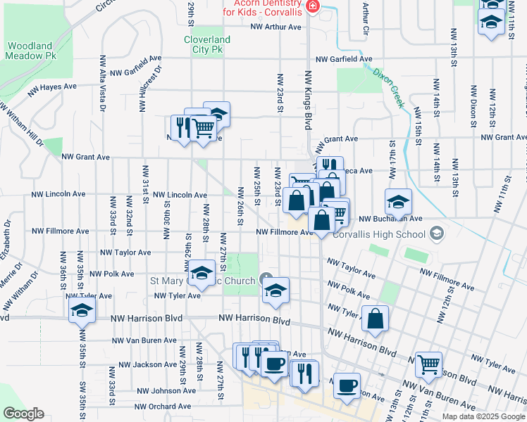 map of restaurants, bars, coffee shops, grocery stores, and more near 945 Northwest 25th Street in Corvallis