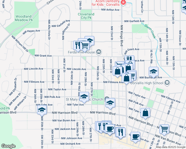 map of restaurants, bars, coffee shops, grocery stores, and more near 2622 Northwest Coolidge Way in Corvallis