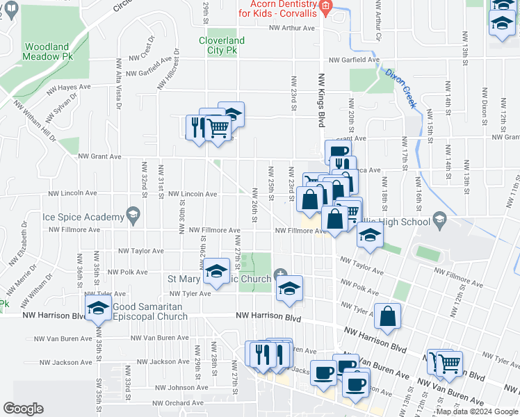 map of restaurants, bars, coffee shops, grocery stores, and more near 2534 Northwest Coolidge Way in Corvallis