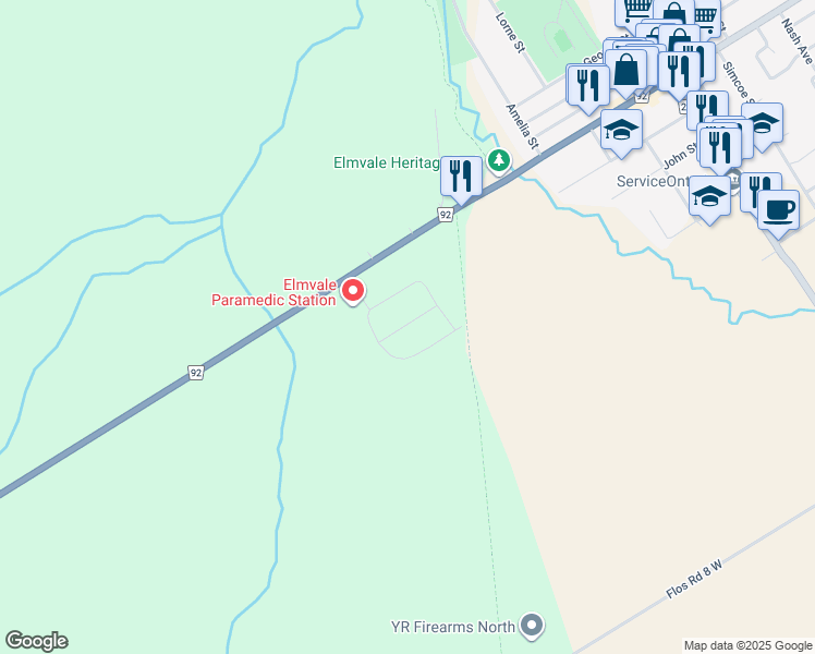 map of restaurants, bars, coffee shops, grocery stores, and more near 175 Queen Street West in Elmvale
