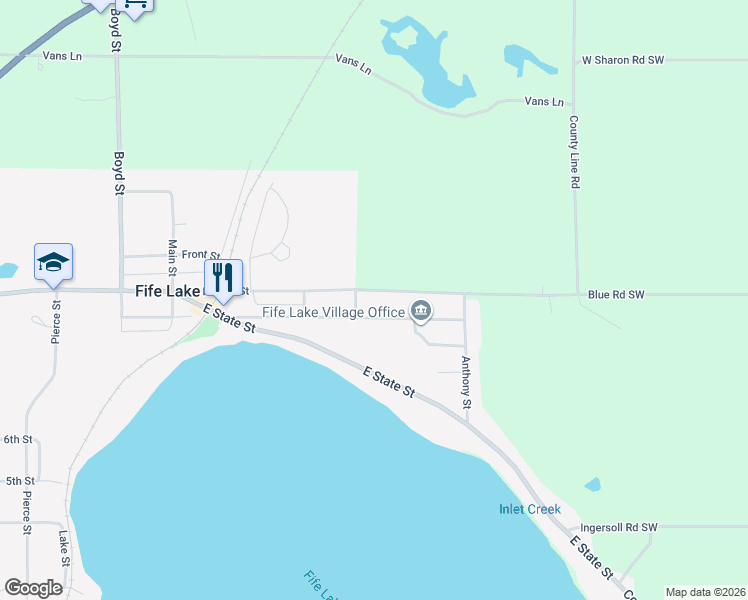 map of restaurants, bars, coffee shops, grocery stores, and more near 501-651 Merritt Street in Fife Lake