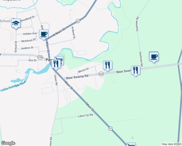 map of restaurants, bars, coffee shops, grocery stores, and more near 16 Moore Drive in Peru