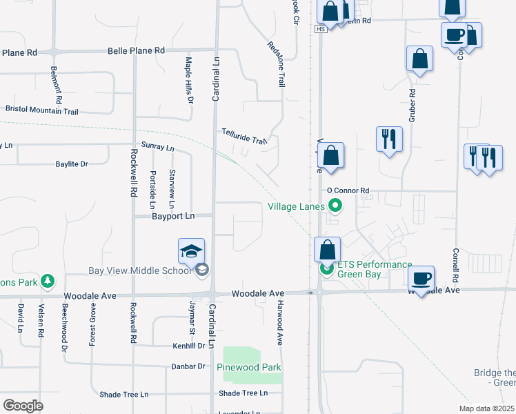 map of restaurants, bars, coffee shops, grocery stores, and more near 2525 Stone Meadows Trail in Green Bay