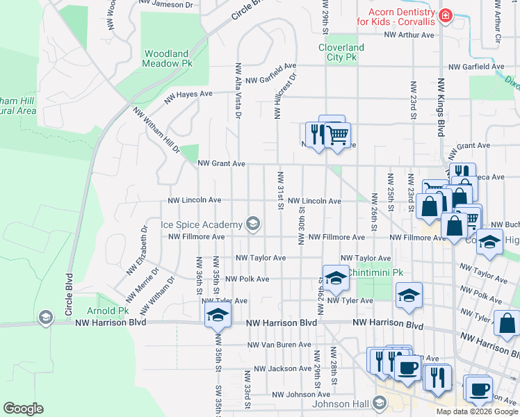 map of restaurants, bars, coffee shops, grocery stores, and more near 926 Northwest 32nd Street in Corvallis