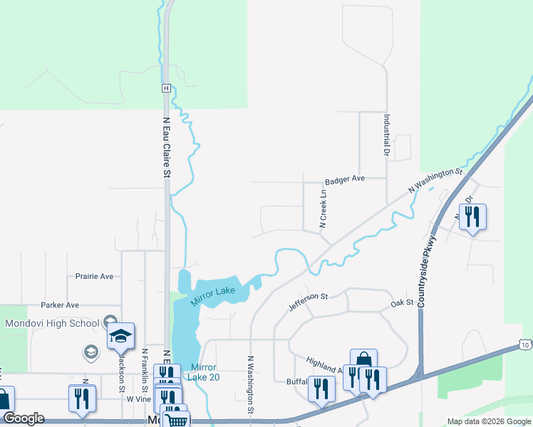 map of restaurants, bars, coffee shops, grocery stores, and more near 225 Cattail Lane in Mondovi