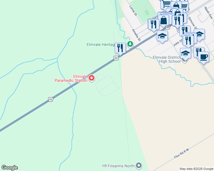map of restaurants, bars, coffee shops, grocery stores, and more near 14 Drysdale Drive in Springwater