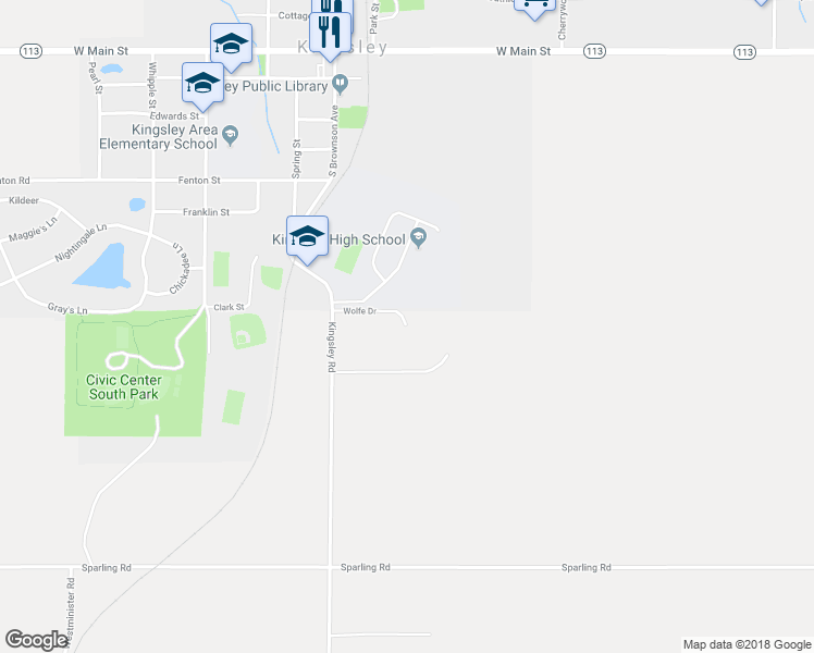 map of restaurants, bars, coffee shops, grocery stores, and more near 2199 Wolfe Drive in Kingsley