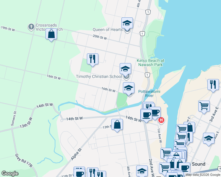 map of restaurants, bars, coffee shops, grocery stores, and more near 494 16th Street West in Owen Sound