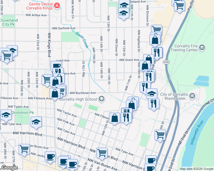 map of restaurants, bars, coffee shops, grocery stores, and more near 1122 Northwest 13th Street in Corvallis