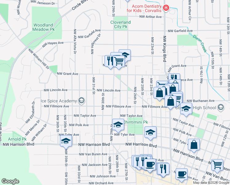 map of restaurants, bars, coffee shops, grocery stores, and more near 2880 Northwest Lincoln Avenue in Corvallis
