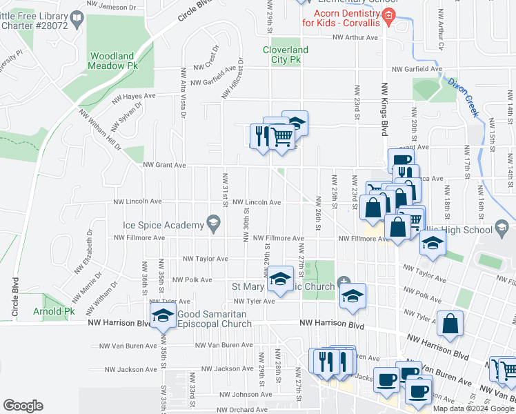 map of restaurants, bars, coffee shops, grocery stores, and more near 2930 Northwest Lincoln Avenue in Corvallis