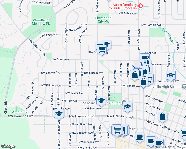 map of restaurants, bars, coffee shops, grocery stores, and more near 2940 Northwest Lincoln Avenue in Corvallis