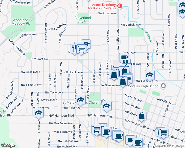 map of restaurants, bars, coffee shops, grocery stores, and more near 2622 Northwest Coolidge Way in Corvallis
