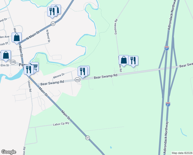 map of restaurants, bars, coffee shops, grocery stores, and more near 764-766 Bear Swamp Road in Peru