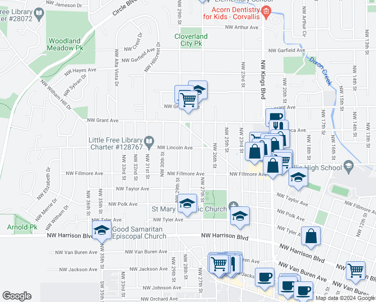 map of restaurants, bars, coffee shops, grocery stores, and more near 960 Northwest 28th Street in Corvallis