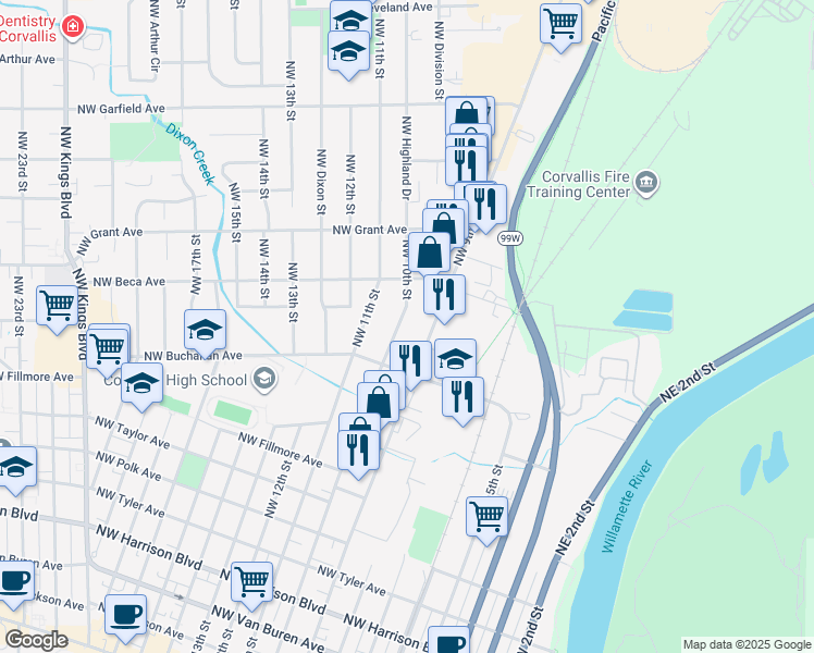 map of restaurants, bars, coffee shops, grocery stores, and more near 1163 Northwest 10th Street in Corvallis