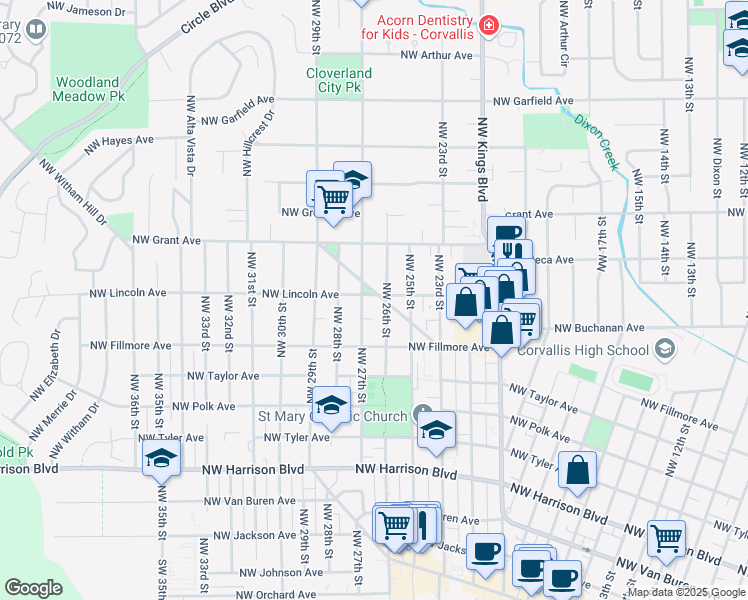 map of restaurants, bars, coffee shops, grocery stores, and more near 2622 Northwest Coolidge Way in Corvallis