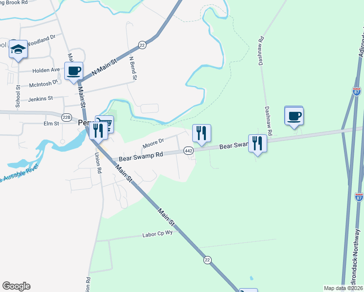 map of restaurants, bars, coffee shops, grocery stores, and more near 764 Bear Swamp Road in Peru