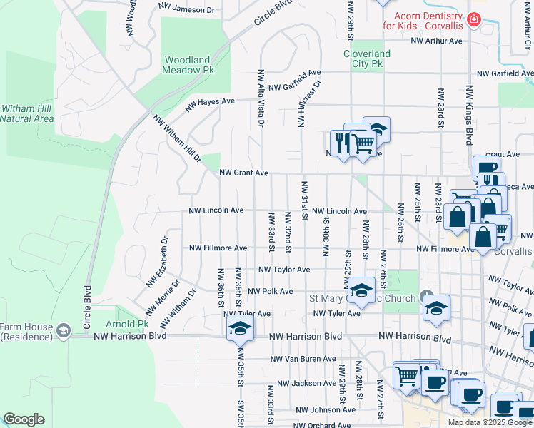 map of restaurants, bars, coffee shops, grocery stores, and more near 942 Northwest 33rd Street in Corvallis