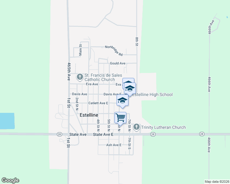 map of restaurants, bars, coffee shops, grocery stores, and more near 501 Davis Avenue East in Estelline