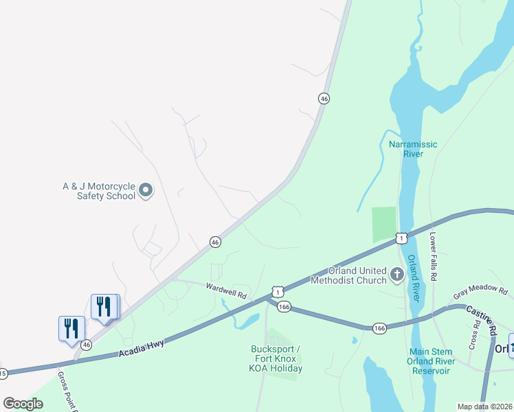 map of restaurants, bars, coffee shops, grocery stores, and more near 166 Maine 46 in Bucksport