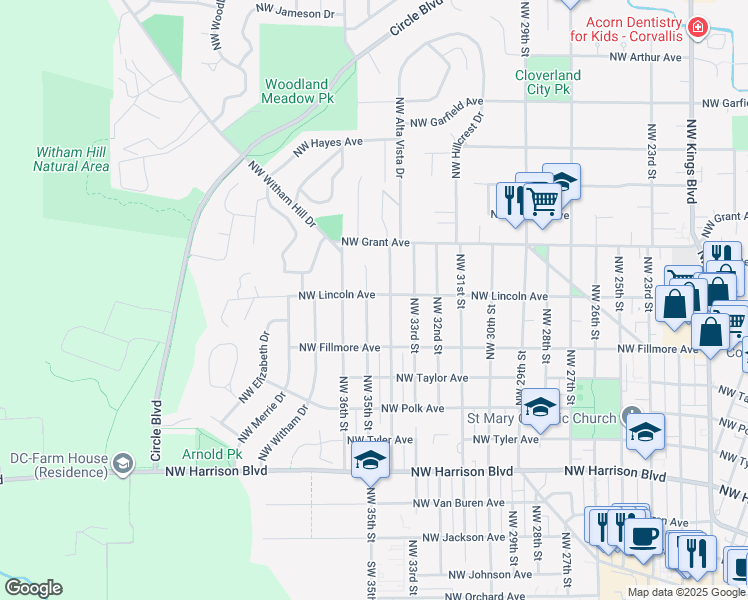 map of restaurants, bars, coffee shops, grocery stores, and more near 935 Northwest 35th Street in Corvallis