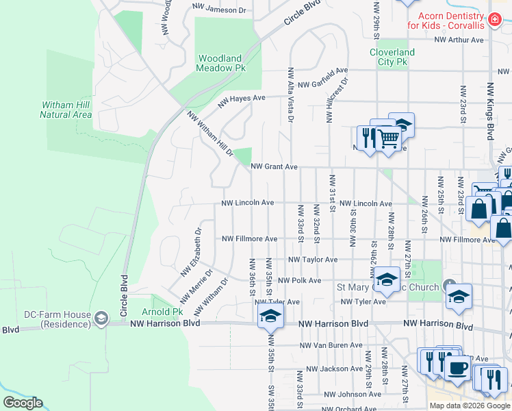 map of restaurants, bars, coffee shops, grocery stores, and more near 937 Northwest 36th Street in Corvallis