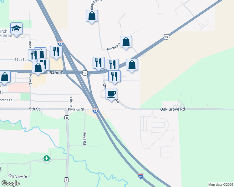 map of restaurants, bars, coffee shops, grocery stores, and more near 50484-50528 Oak Grove Rd in Osseo
