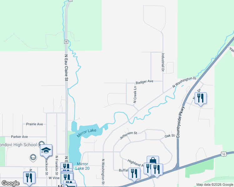 map of restaurants, bars, coffee shops, grocery stores, and more near Cattail Lane in Mondovi