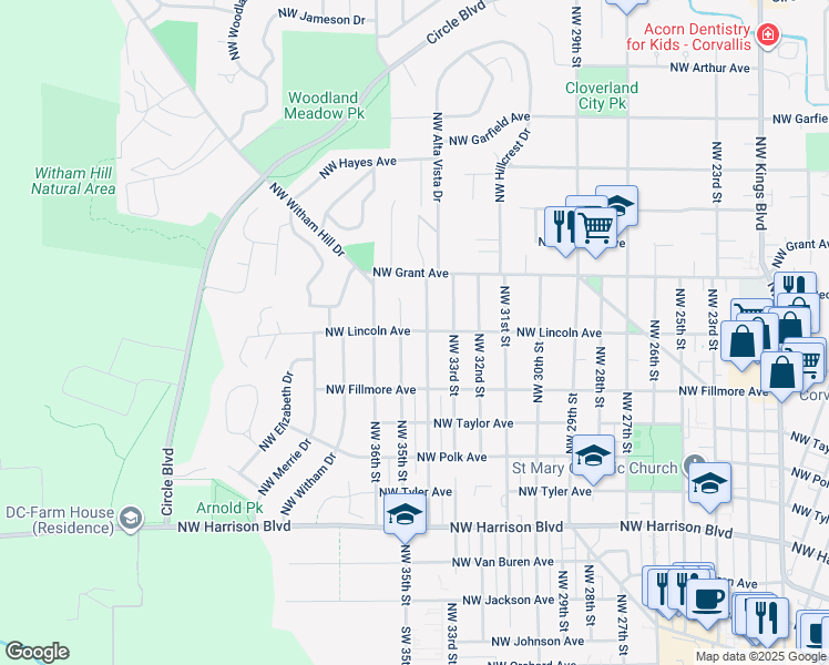 map of restaurants, bars, coffee shops, grocery stores, and more near 935 Northwest 35th Street in Corvallis