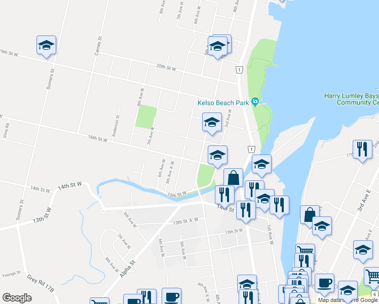 map of restaurants, bars, coffee shops, grocery stores, and more near 1629 5th Avenue West in Owen Sound