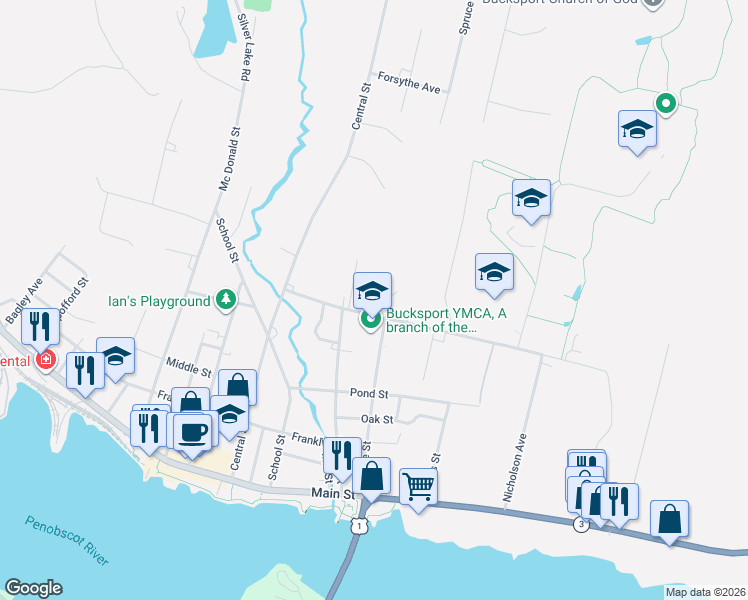 map of restaurants, bars, coffee shops, grocery stores, and more near 38 Broadway in Bucksport