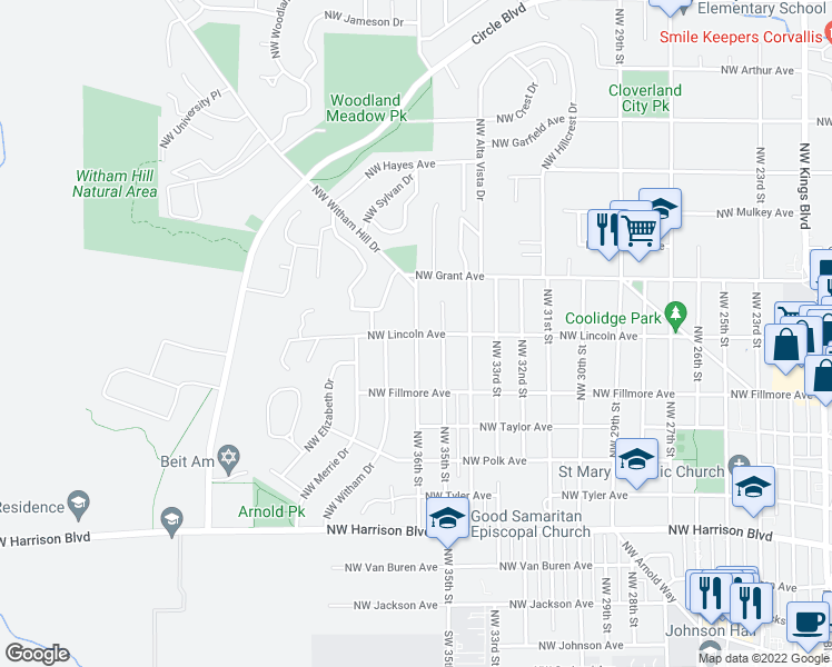 map of restaurants, bars, coffee shops, grocery stores, and more near NW Lincoln Ave & NW 36th St in Corvallis