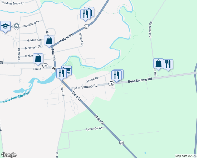 map of restaurants, bars, coffee shops, grocery stores, and more near 16 Moore Drive in Peru