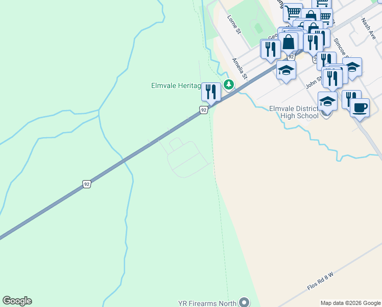 map of restaurants, bars, coffee shops, grocery stores, and more near 175 Queen Street West in Elmvale