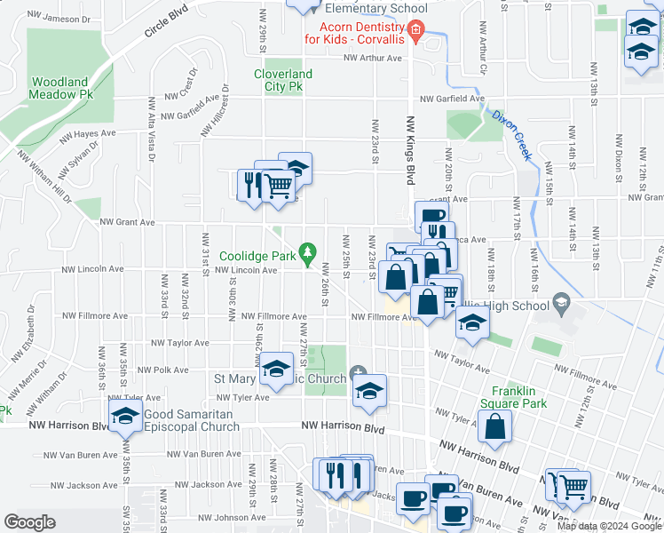 map of restaurants, bars, coffee shops, grocery stores, and more near 2565 Northwest Lincoln Avenue in Corvallis